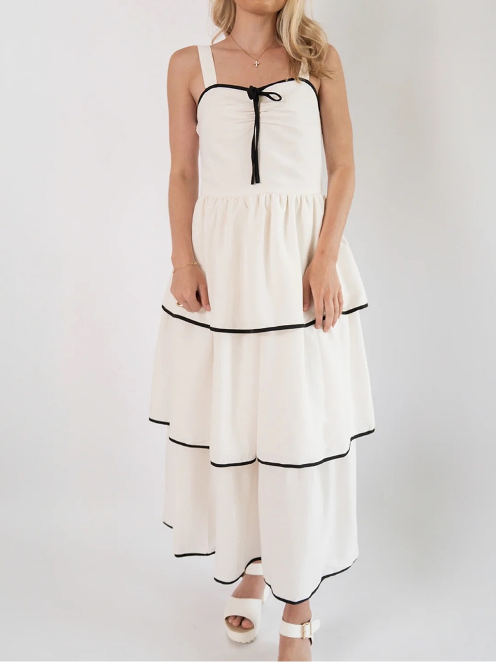 Ivory Tiered Midi Dress with Black Trim